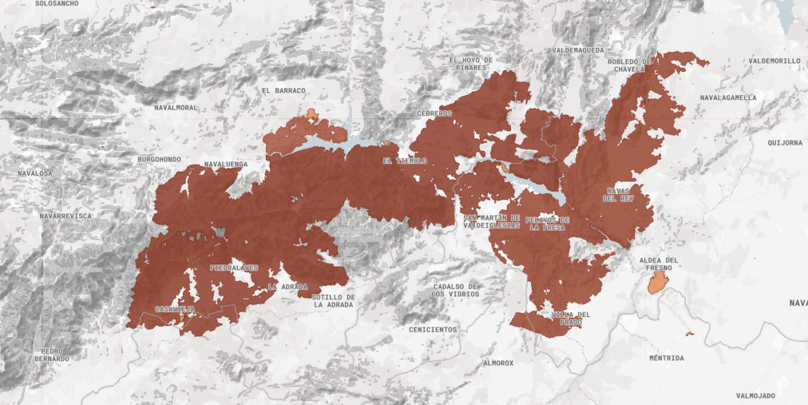 Mapa del área afectada por los efectos de los incendios en la sierra de Gredos durante el verano de 2026.