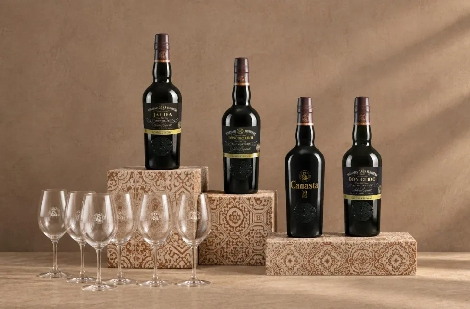 Pack de cuatro botellas de Soleras Especiales de Williams & Humbert y seis copas de regalo